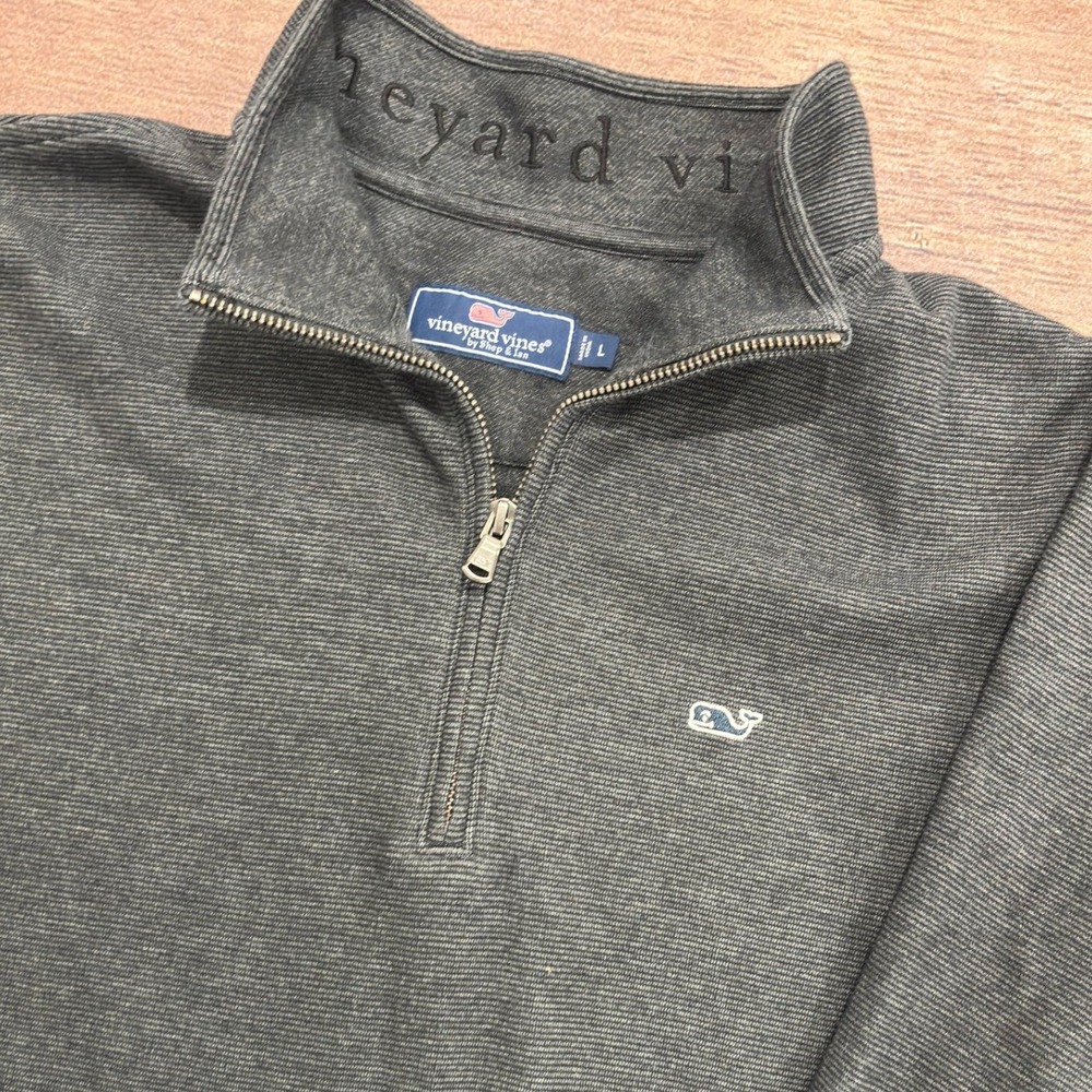 Vineyard Vines Mens Gray Striped Shep Shirt Quarter Zip Pullover Sweater Large